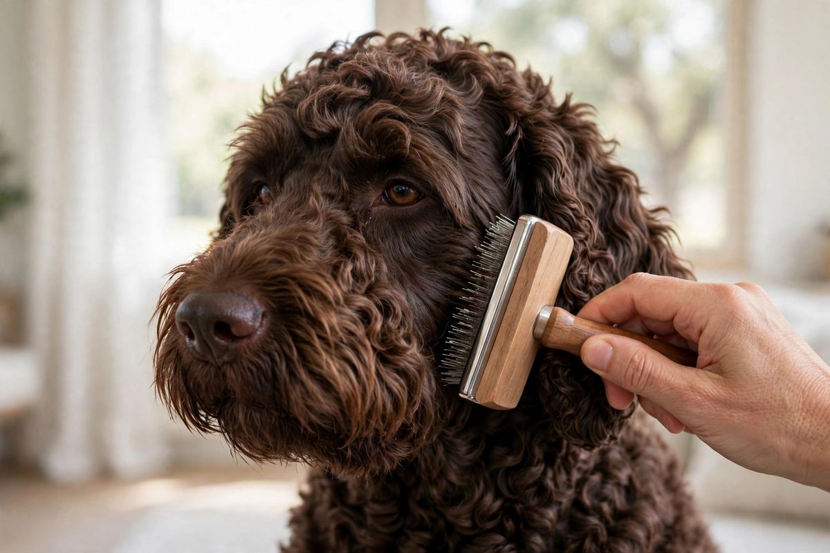 AI-generated illustration: a slicker brush being worked through a chocolate labradoodle's curly coat